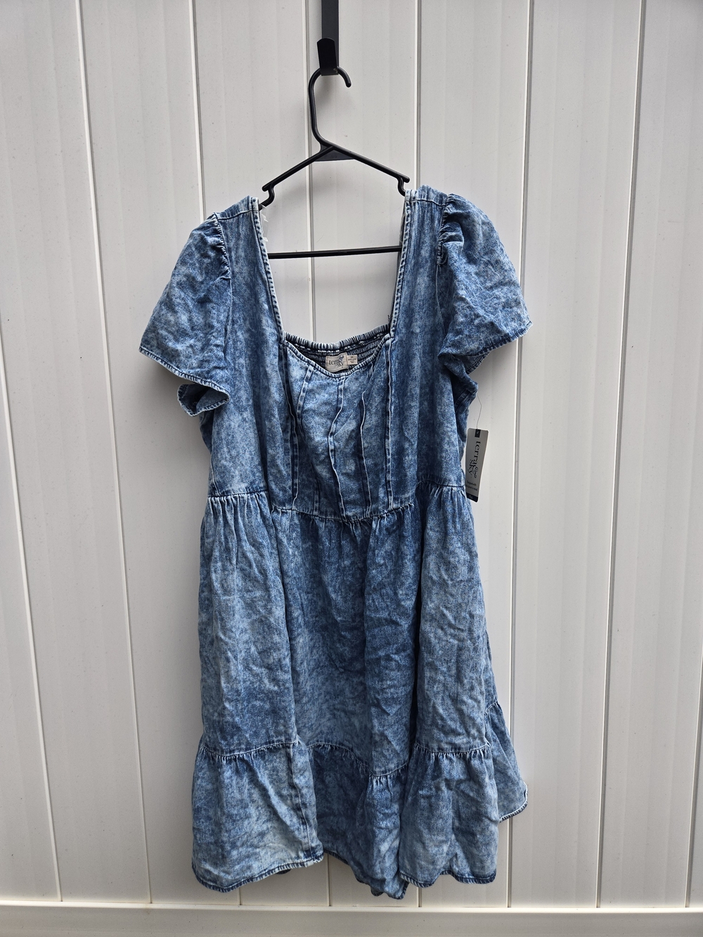 Terra & Sky Blue Acid-Wash Puff Sleeve Tiered Dress